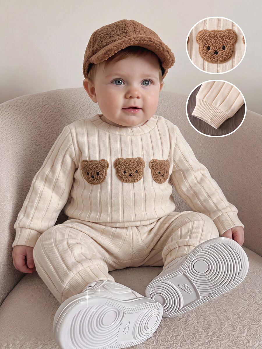 SHEIN Korean Style Cute Tropical Ribbed Fleece Newborn Baby Cartoon Bear Embroidered Sweatshirt Pants Outfit Beige Fall Winter Holiday Vacation White