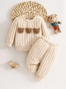 SHEIN Korean Style Cute Tropical Ribbed Fleece Newborn Baby Cartoon Bear Embroidered Sweatshirt Pants Outfit Beige Fall Winter Holiday Vacation White - Apricot - View 5