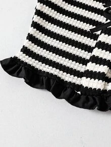 SHEIN Sparklyn ملابس خريفية للفتيات المراهقات بأكمام طويلة، طقم علوي خريفي من قطعتين، ملابس علوية قصيرة بدون أكمام باللونين الأسود والأبيض مع فيونكة، شورت قصير بكشكشة، طقم ميني... - أبيض وأسود - مشاهدة 6