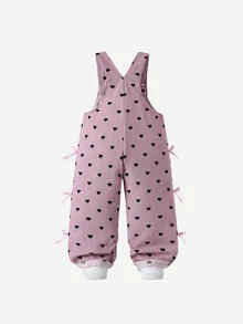 SHEIN Playful Pals 女嬰燈芯絨吊帶褲，四季皆宜，可愛親子搭配款，灰粉色，側面蝴蝶結裝飾與愛心印花，寬鬆直筒連身褲 - 粉色 - 查看 3