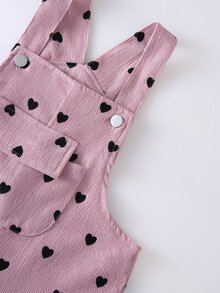SHEIN Playful Pals 女嬰燈芯絨吊帶褲，四季皆宜，可愛親子搭配款，灰粉色，側面蝴蝶結裝飾與愛心印花，寬鬆直筒連身褲 - 粉色 - 查看 5