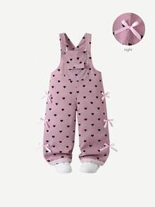 SHEIN Playful Pals 女嬰燈芯絨吊帶褲，四季皆宜，可愛親子搭配款，灰粉色，側面蝴蝶結裝飾與愛心印花，寬鬆直筒連身褲 - 粉色 - 查看 4