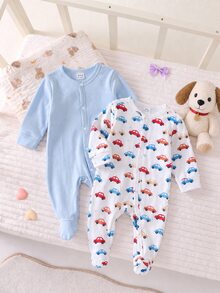 [Random 2pcs/7pcs] Newborn Baby Boys/Girls Long Sleeve Snap-Up Rompers, White, Autumn/Winter, Cute, Family Matching, Dinosaur, Elephant, Car, Cartoon - Multicolor - View 1