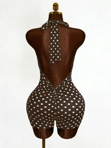 BamGleam Polka Dot Print Backless Halter Neck Fitted Romper - Brown - View 10
