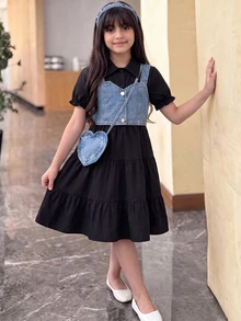 SHEIN Gaun Hitam Kancing Hitam untuk Remaja Perempuan, Gaya Musim Gugur AS, Pakaian Musim Gugur, Gaun Musim Gugur - Hitam - View 2