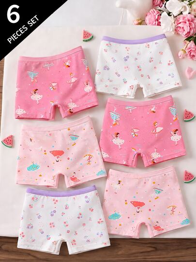 SHEIN 6pcs/Set Young Girl' Baby Pink Series Fairy Source 100 Cotton Comfortable Printed Briefs Winter