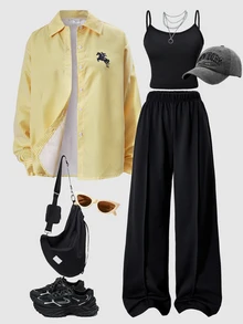 SHEIN Outfit Musim Gugur Remaja Perempuan Atasan Musim Gugur 3pcs/Set Kasual Streetwear Kembali ke Sekolah Wisuda Sixth Form Formal Olahraga Hitam dan Putih Kemeja Kuning - Kuning - View 5