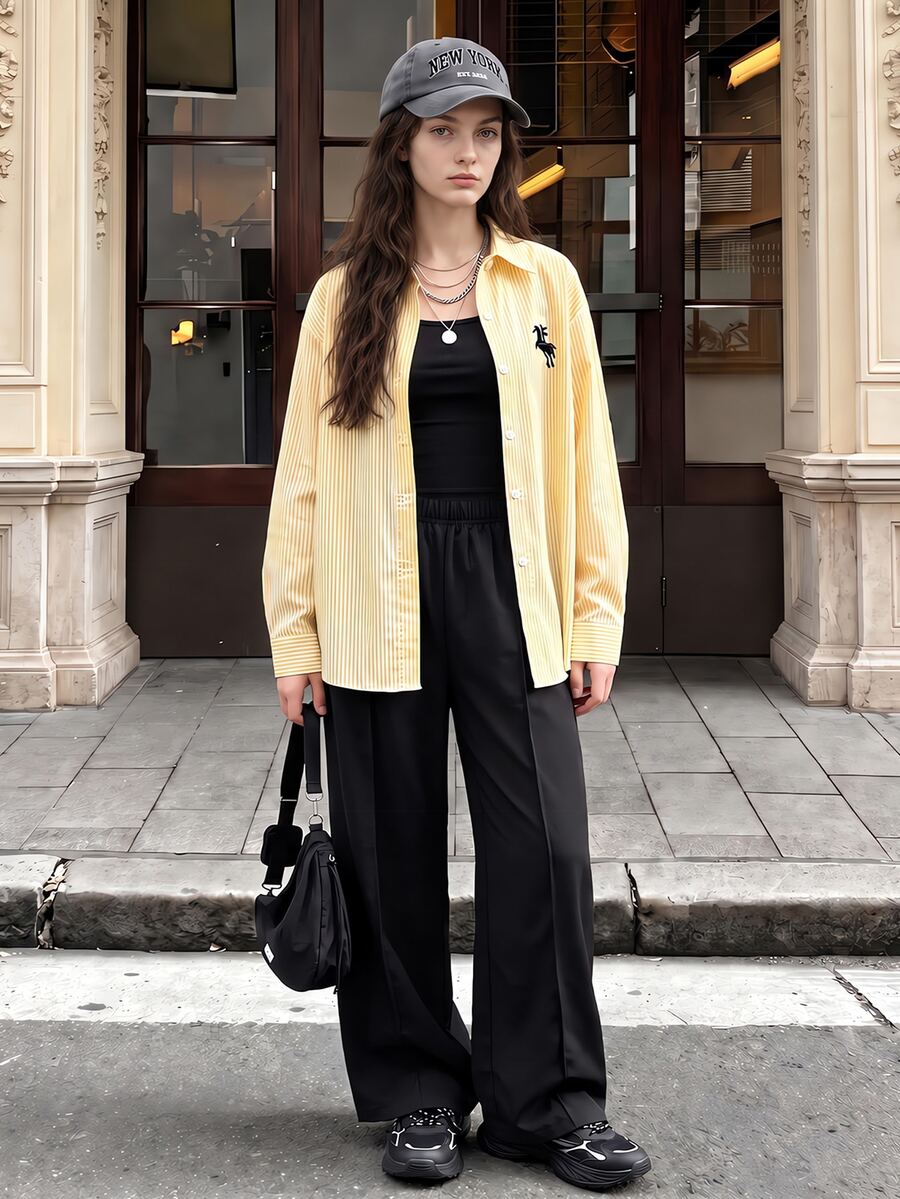 SHEIN Outfit Musim Gugur Remaja Perempuan Atasan Musim Gugur 3pcs/Set Kasual Streetwear Kembali ke Sekolah Wisuda Sixth Form Formal Olahraga Hitam dan Putih Kemeja Kuning