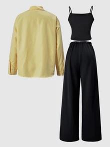 SHEIN Outfit Musim Gugur Remaja Perempuan Atasan Musim Gugur 3pcs/Set Kasual Streetwear Kembali ke Sekolah Wisuda Sixth Form Formal Olahraga Hitam dan Putih Kemeja Kuning - Kuning - View 9