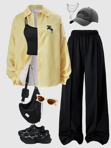 SHEIN Outfit Musim Gugur Remaja Perempuan Atasan Musim Gugur 3pcs/Set Kasual Streetwear Kembali ke Sekolah Wisuda Sixth Form Formal Olahraga Hitam dan Putih Kemeja Kuning - Kuning - View 4