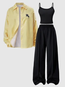 SHEIN Outfit Musim Gugur Remaja Perempuan Atasan Musim Gugur 3pcs/Set Kasual Streetwear Kembali ke Sekolah Wisuda Sixth Form Formal Olahraga Hitam dan Putih Kemeja Kuning - Kuning - View 8