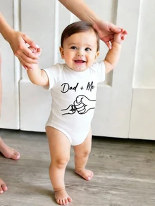 Baby Boy Casual Cartoon Dad + Me Fist Bump Print Short Sleeve Bodysuit, Suitable For Spring/Summer - White - View 2