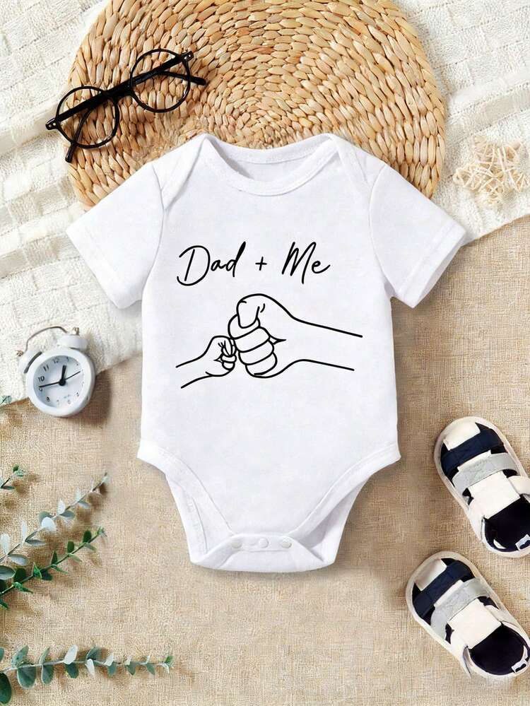 Baby Boy Casual Cartoon Dad + Me Fist Bump Print Short Sleeve Bodysuit, Suitable For Spring/Summer - White - View 5