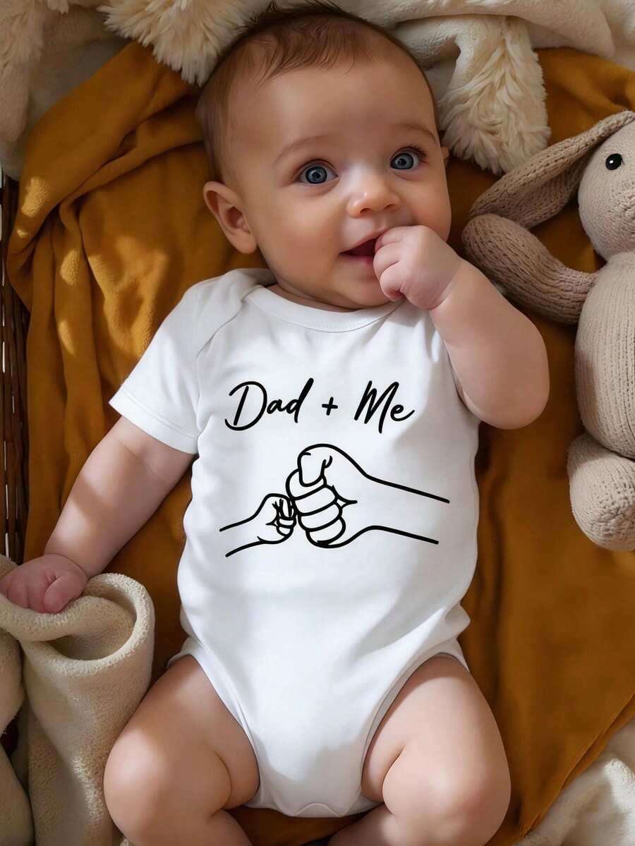 Baby Boy Casual Cartoon Dad + Me Fist Bump Print Short Sleeve Bodysuit, Suitable For Spring/Summer - White - View 1