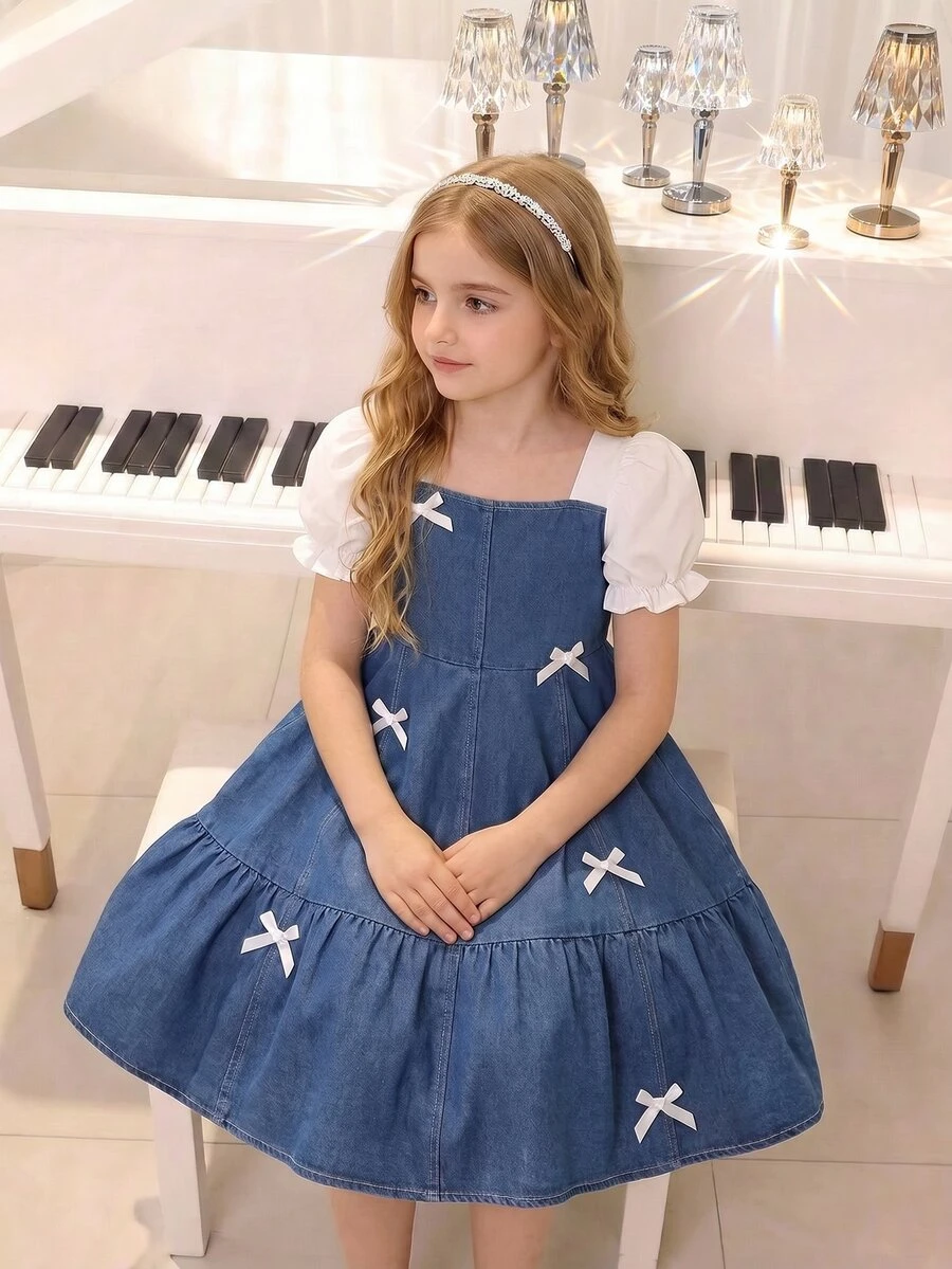 SHEIN Playful Pals 女童夏季韓風3D蝴蝶結牛仔洋裝，適合女童休閒日常穿著與校園穿搭，附蝴蝶結，幼童小女孩秋冬款