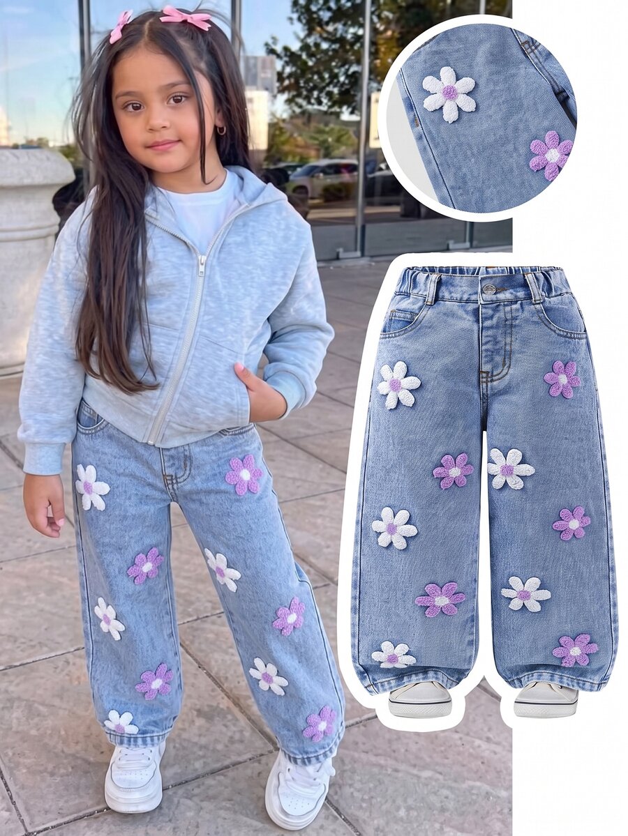 少女時尚水洗花卉植絨喇叭牛仔褲 斜口袋 90年代 紫色女孩 薰衣草色 秋冬 - 淺色水洗藍 - 查看 1