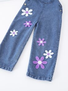 SHEIN 女童藍色丹寧吊帶褲連身褲，花卉刺繡吊帶寬腿牛仔褲，Y2K 牛仔女風學院風，柔軟棉質返校時尚，夏季 - 藏蓝色 - 查看 6
