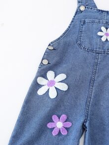 SHEIN 女童藍色丹寧吊帶褲連身褲，花卉刺繡吊帶寬腿牛仔褲，Y2K 牛仔女風學院風，柔軟棉質返校時尚，夏季 - 藏蓝色 - 查看 4