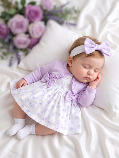 SHEIN Newly Born Baby Girl Light Purple Long Sleeved Patchwork Floral Bow Dress With Elegant Babygirl Headband White Summer Birthday Autumn Fall Winter Gift