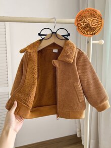 SHEIN Playful Pals 男嬰 0-3 歲休閒拼接口袋翻領保暖內裡燈芯絨外套，適合秋冬穿著 - 棕色 - 查看 3