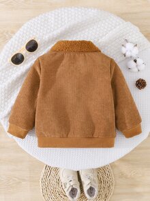 SHEIN Playful Pals 男嬰 0-3 歲休閒拼接口袋翻領保暖內裡燈芯絨外套，適合秋冬穿著 - 棕色 - 查看 2
