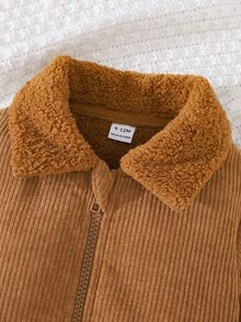 SHEIN Playful Pals 男嬰 0-3 歲休閒拼接口袋翻領保暖內裡燈芯絨外套，適合秋冬穿著 - 棕色 - 查看 8