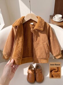 SHEIN Playful Pals 男嬰 0-3 歲休閒拼接口袋翻領保暖內裡燈芯絨外套，適合秋冬穿著 - 棕色 - 查看 1