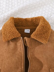 SHEIN Playful Pals 男嬰 0-3 歲休閒拼接口袋翻領保暖內裡燈芯絨外套，適合秋冬穿著 - 棕色 - 查看 6
