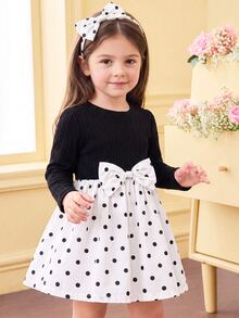 Souflis Souflis Baby Girl Spring/Autumn Long Sleeve Dress, Cute Vintage Black And White Polka Dot Ribbed Knit Top Puff Sleeve Career Day Holiday - Black and White - View 2
