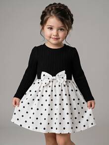 Souflis Souflis Baby Girl Spring/Autumn Long Sleeve Dress, Cute Vintage Black And White Polka Dot Ribbed Knit Top Puff Sleeve Career Day Holiday - Black and White - View 5