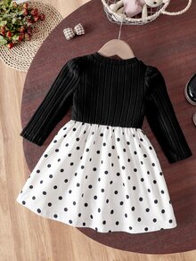 Souflis Souflis Baby Girl Spring/Autumn Long Sleeve Dress, Cute Vintage Black And White Polka Dot Ribbed Knit Top Puff Sleeve Career Day Holiday - Black and White - View 8