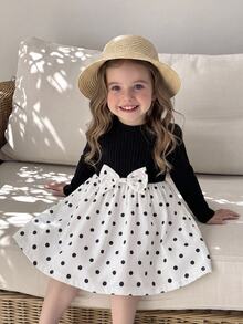 Souflis Souflis Baby Girl Spring/Autumn Long Sleeve Dress, Cute Vintage Black And White Polka Dot Ribbed Knit Top Puff Sleeve Career Day Holiday - Black and White - View 3