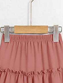 SHEIN Girls' Casual Black Chiffon Ruffle Hem Red Skirt, Suitable For Spring, Summer, Autumn, Versatile For Outings And Various Occasions, Classic & Matching - Rust Brown - View 5