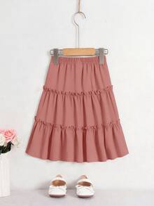 SHEIN Girls' Casual Black Chiffon Ruffle Hem Red Skirt, Suitable For Spring, Summer, Autumn, Versatile For Outings And Various Occasions, Classic & Matching - Rust Brown - View 3