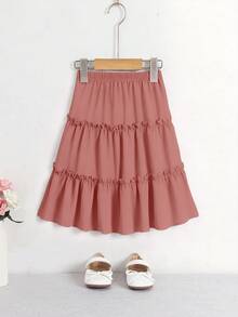 SHEIN Girls' Casual Black Chiffon Ruffle Hem Red Skirt, Suitable For Spring, Summer, Autumn, Versatile For Outings And Various Occasions, Classic & Matching - Rust Brown - View 4