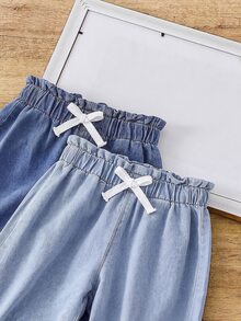 SHEIN 2件組 Young Girl' 牛仔褲，淺色水洗中藍色寬腿休閒西式牛仔女牛仔褲，柔軟棉質彈性腰頭蝴蝶結裝飾，夏季 - 藍色 - 查看 6