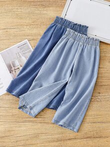SHEIN 2件組 Young Girl' 牛仔褲，淺色水洗中藍色寬腿休閒西式牛仔女牛仔褲，柔軟棉質彈性腰頭蝴蝶結裝飾，夏季 - 藍色 - 查看 3