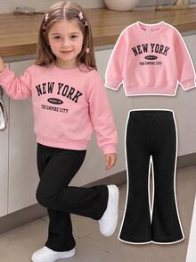 Elladie kids 2pcs Baby/Toddler Girls' Letter Print Long Sleeve Top And Bell-Bottom Pants Set, Cute & Comfortable Sweatshirt Outfit For Spring/Autumn Fall Winter - Pink - View 2