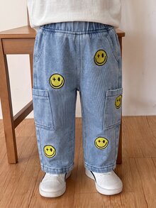 Baby Boy's Casual Cute Cartoon Face Denim Pants Autumn Fall - Light Wash - View 2