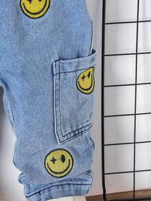 Baby Boy's Casual Cute Cartoon Face Denim Pants Autumn Fall - Light Wash - View 7