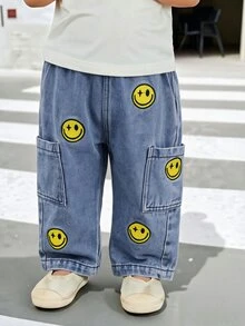Baby Boy's Casual Cute Cartoon Face Denim Pants Autumn Fall - Light Wash - View 3