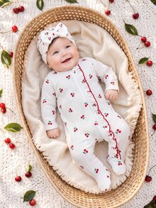 SHEIN Vintaside Kids 新生女嬰白色紅條紋甜美可愛寬鬆前開拉鍊荷葉邊連身褲附腳 秋季親子穿搭 - 杏色 - 查看 3