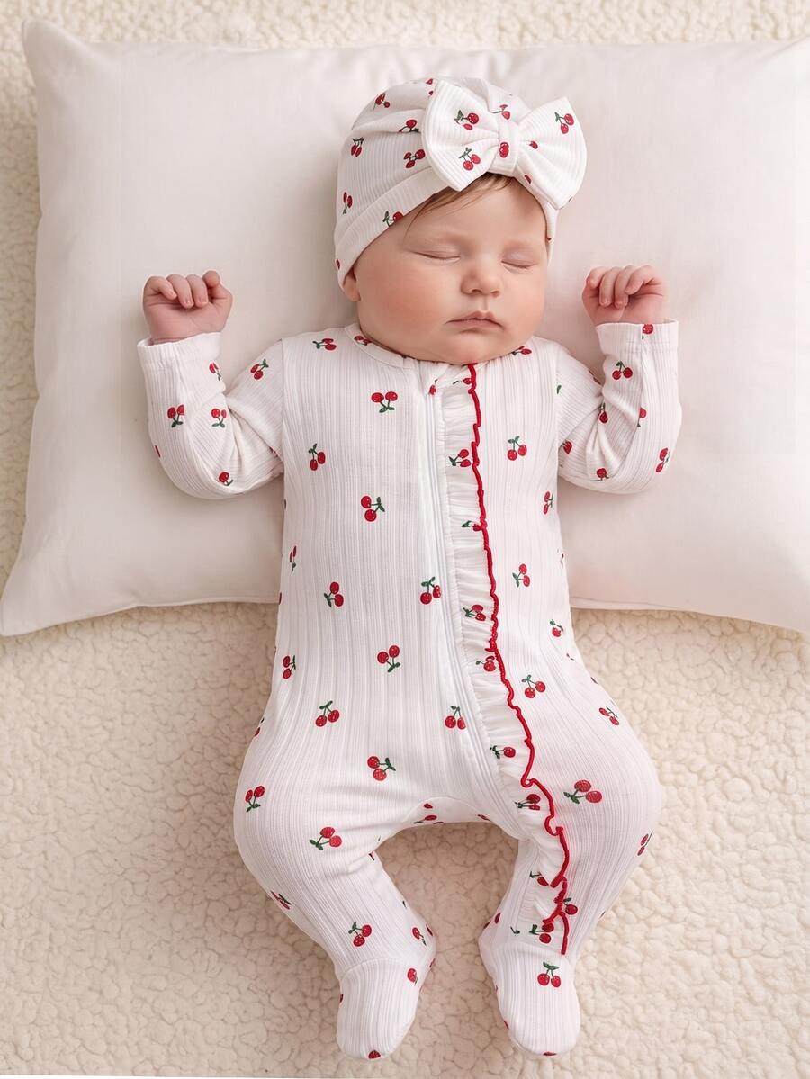 SHEIN Vintaside Kids 新生女嬰白色紅條紋甜美可愛寬鬆前開拉鍊荷葉邊連身褲附腳 秋季親子穿搭 - 杏色 - 查看 1
