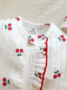 SHEIN Vintaside Kids 新生女嬰白色紅條紋甜美可愛寬鬆前開拉鍊荷葉邊連身褲附腳 秋季親子穿搭 - 杏色 - 查看 14