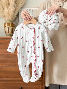 SHEIN Vintaside Kids 新生女嬰白色紅條紋甜美可愛寬鬆前開拉鍊荷葉邊連身褲附腳 秋季親子穿搭 - 杏色 - 查看 8