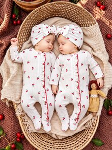 SHEIN Vintaside Kids 新生女嬰白色紅條紋甜美可愛寬鬆前開拉鍊荷葉邊連身褲附腳 秋季親子穿搭 - 杏色 - 查看 4