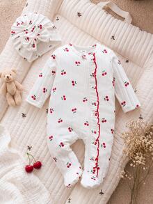 SHEIN Vintaside Kids 新生女嬰白色紅條紋甜美可愛寬鬆前開拉鍊荷葉邊連身褲附腳 秋季親子穿搭 - 杏色 - 查看 2