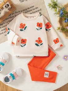 SHEIN Vintaside Kids Conjunto de 2 piezas Vintaside para niña bebé con sudadera de cuello redondo acanalada con estampado floral y leggings, atuendo lindo y cómodo para otoño - Naranja - Ver 2
