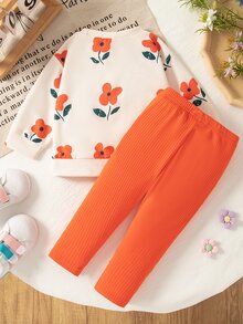 SHEIN Vintaside Kids Conjunto de 2 piezas Vintaside para niña bebé con sudadera de cuello redondo acanalada con estampado floral y leggings, atuendo lindo y cómodo para otoño - Naranja - Ver 3