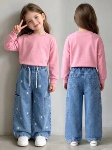 Young Girls Elastic Waist Adjustable Drawstring Relaxed Fit Floral Embroidered Multi-Pocket Denim Straight Leg Pants, Baby Blue, School Summer Cowgirl - Medium Wash - View 1